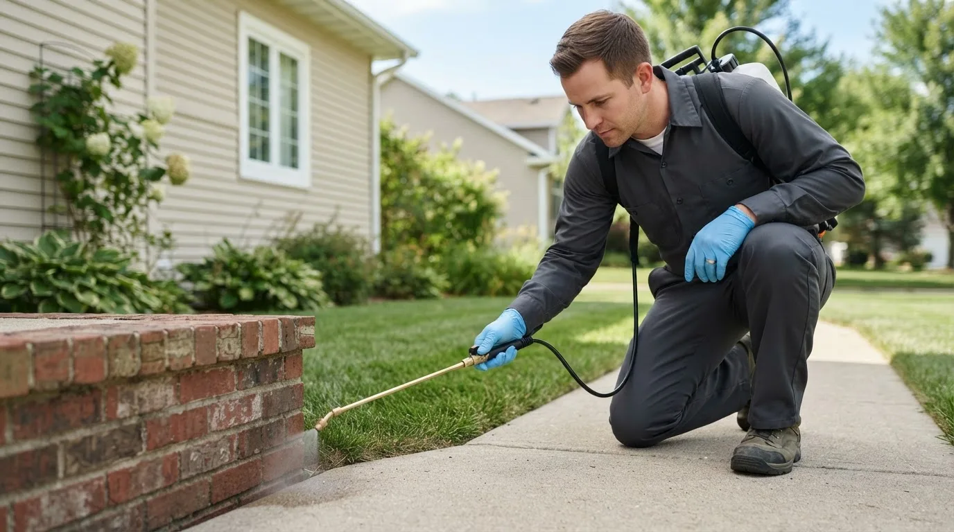 Pest control technician treating a home near Cambridge, MN