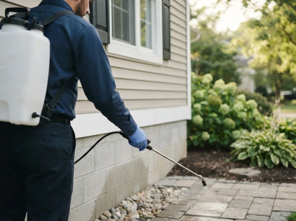 Pest control technician inspecting a home in Cambridge, MN